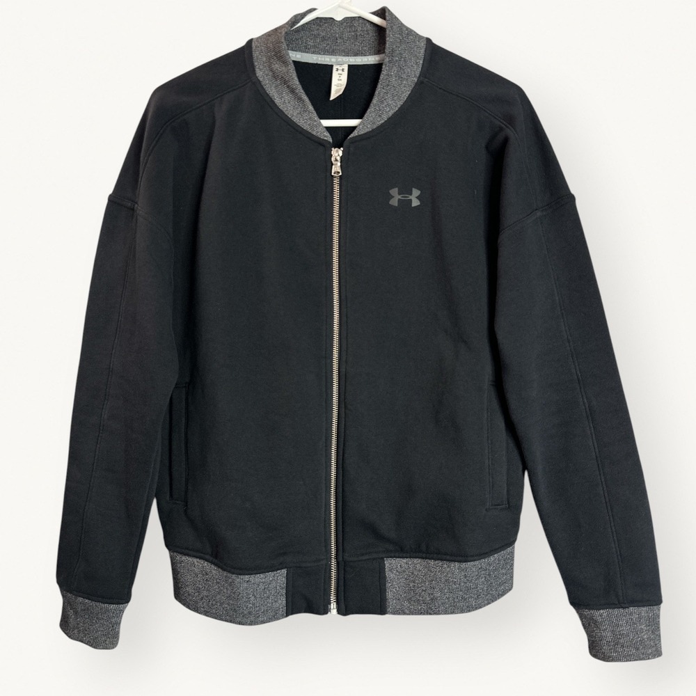 Under Armour Threadborne Bomber Sweatshirt Jacket Black Gray Full Zip  Womens S